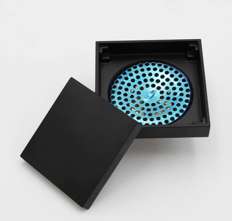 Трап для душу з механічним клапаном 100 мм х 100 мм (к. 6) чорний матовий