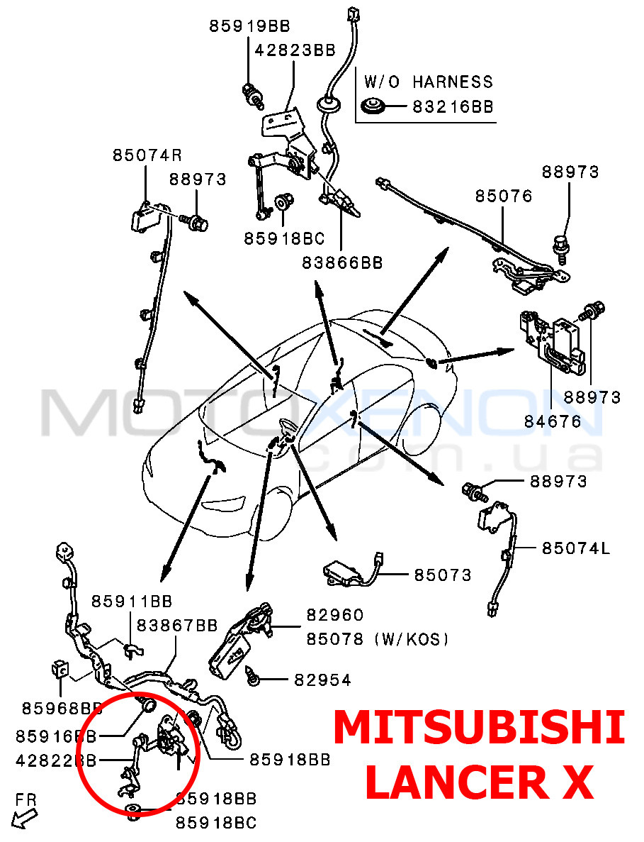 Передня тяга датчика положення кузова Mitsubishi Lancer EVO 8651A055 тяжка корректора фар AFS