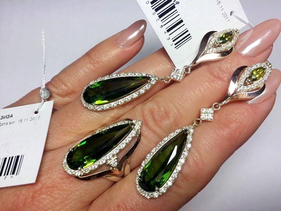 Набір в сріблі з зеленим і білим цирконом Азіза, фото 1