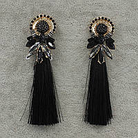 Серьги кисти женские гвоздики золотистого цвета длинные объёмные чёрного цвета с кристаллами длина 9 см