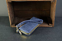 Кожаный кошелек клатч на круговой молнии с ремешком, натуральная Винтажная кожа, цвет Синий