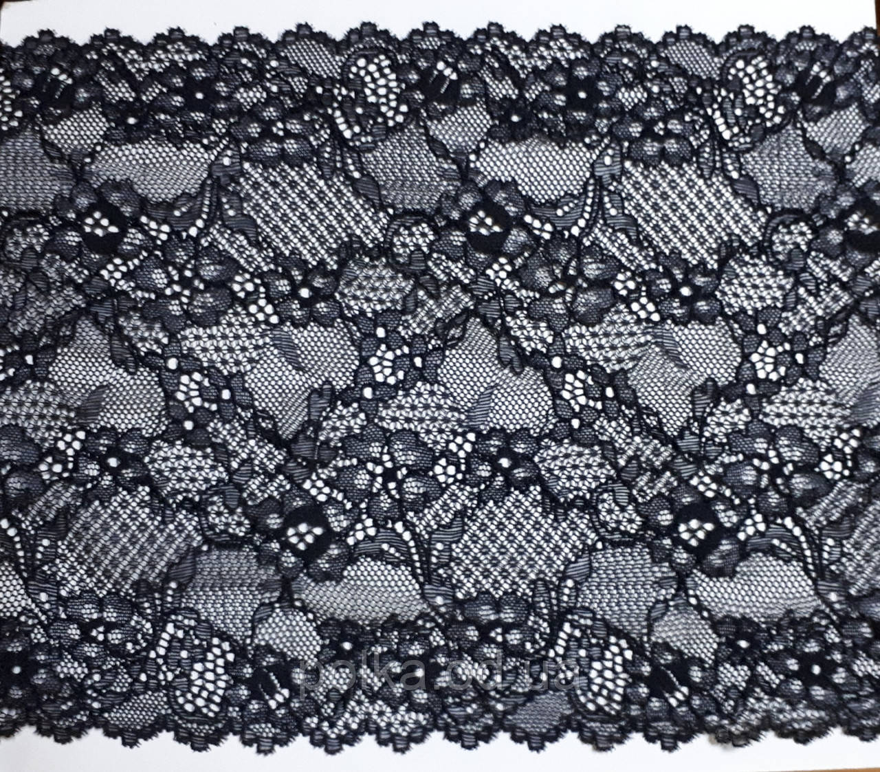 Стрейчевое мереживо "монне", ширина 18 см, колір чорний (Італія)