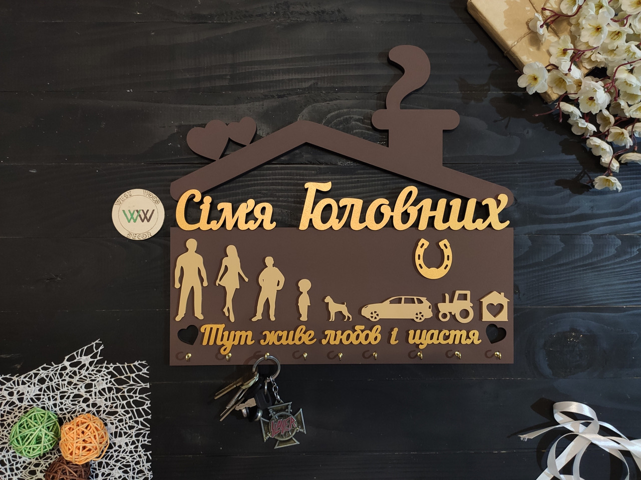 Ключниця фамільна з дерева будиночком, персоналізована ключниця "Тут живе любов і щастя" з підковою, фото 1