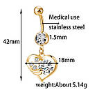 Сережки пірсинг у пупок із підвіскою серце з кристалами, колір — золото, фото 3