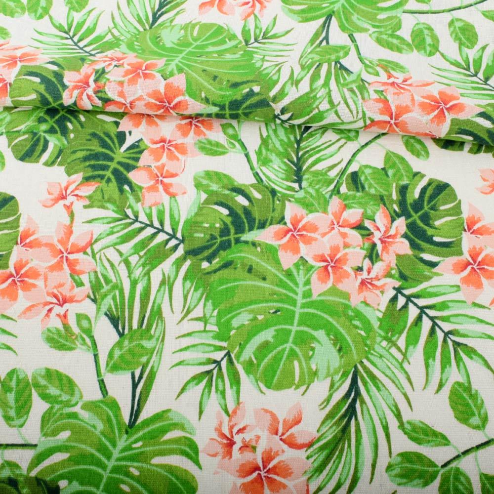 Деко-льон білий, зелені тропічні листя, помаранчеві квіти ш.152