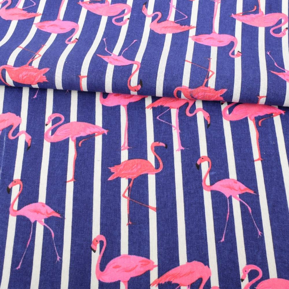 Деко-льон фіолетовий в білу смужку, рожеві фламінго ш.150