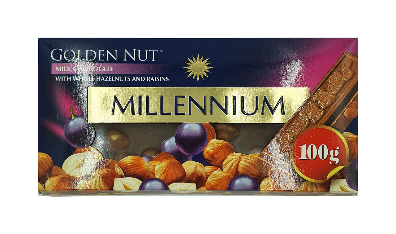 Шоколад "MILLENIUM GOLD" Молочний з родзинками і цілими лісовими горіхами
