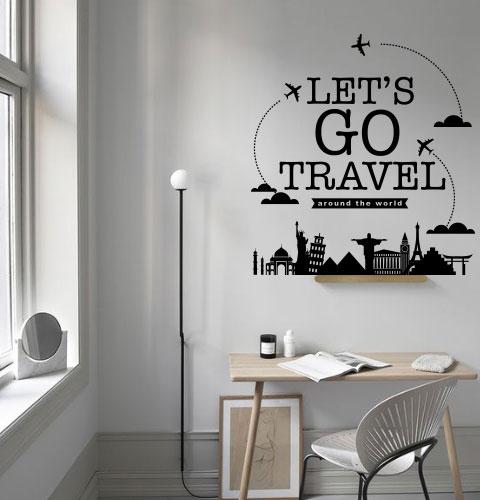 Текстова наклейка на стіну let's go travel (подорож, декор турагентства, літак, чудеса світу)