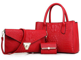Набір жіночих сумок 3в1 з екошкіри , червоного кольору