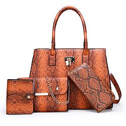 Набір елегантних жіночих сумок 4 в 1, екошкіра під пітона, коричневий колір