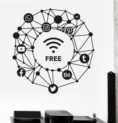 Текстова наклейка на стіну Wi-fi free (вініловий стікер wifi, наклейки значки інтернет, соціальні мережі)