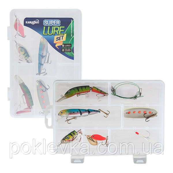 Набір Kamasaki SUPER LURE SET (2 воблера. 2 повідка. 3 блешні. стример в коробці)