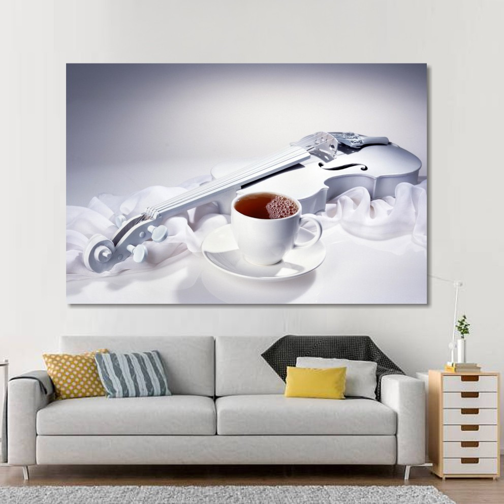 Модульна картина IDEAPRINT "Біла скрипка і чашка кави". Натюрморт в білих тонах, фото 1