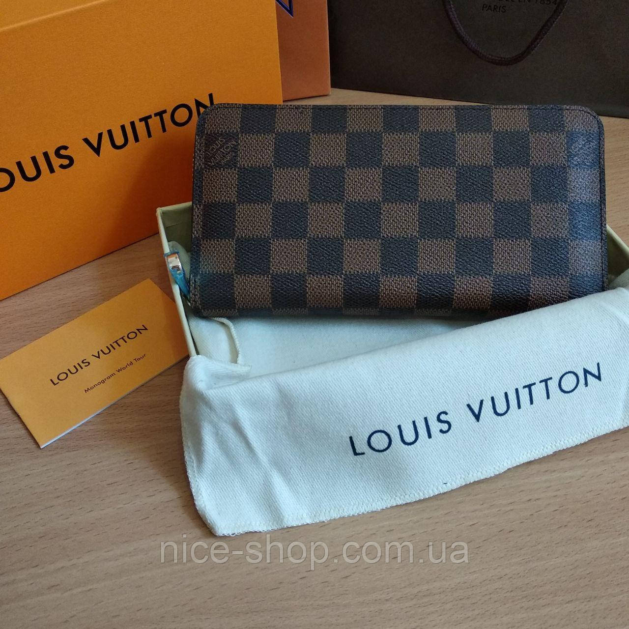 Гаманець шкіряний Louis Vuitton на блискавці, коричнева шахівка