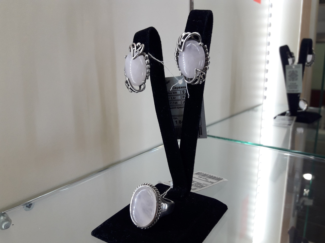 Срібний набір кільце сережки з рожевим кварцом, фото 1