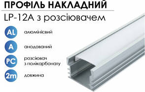 Алюмінієвий профіль BIOM накладний LP-12A (12х16 мм) анодований + матовий розсіювач для LED стрічки