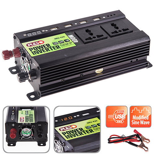Перетворювач напруги PULSO/12V-220V/400W/4USB-LED/клеми
