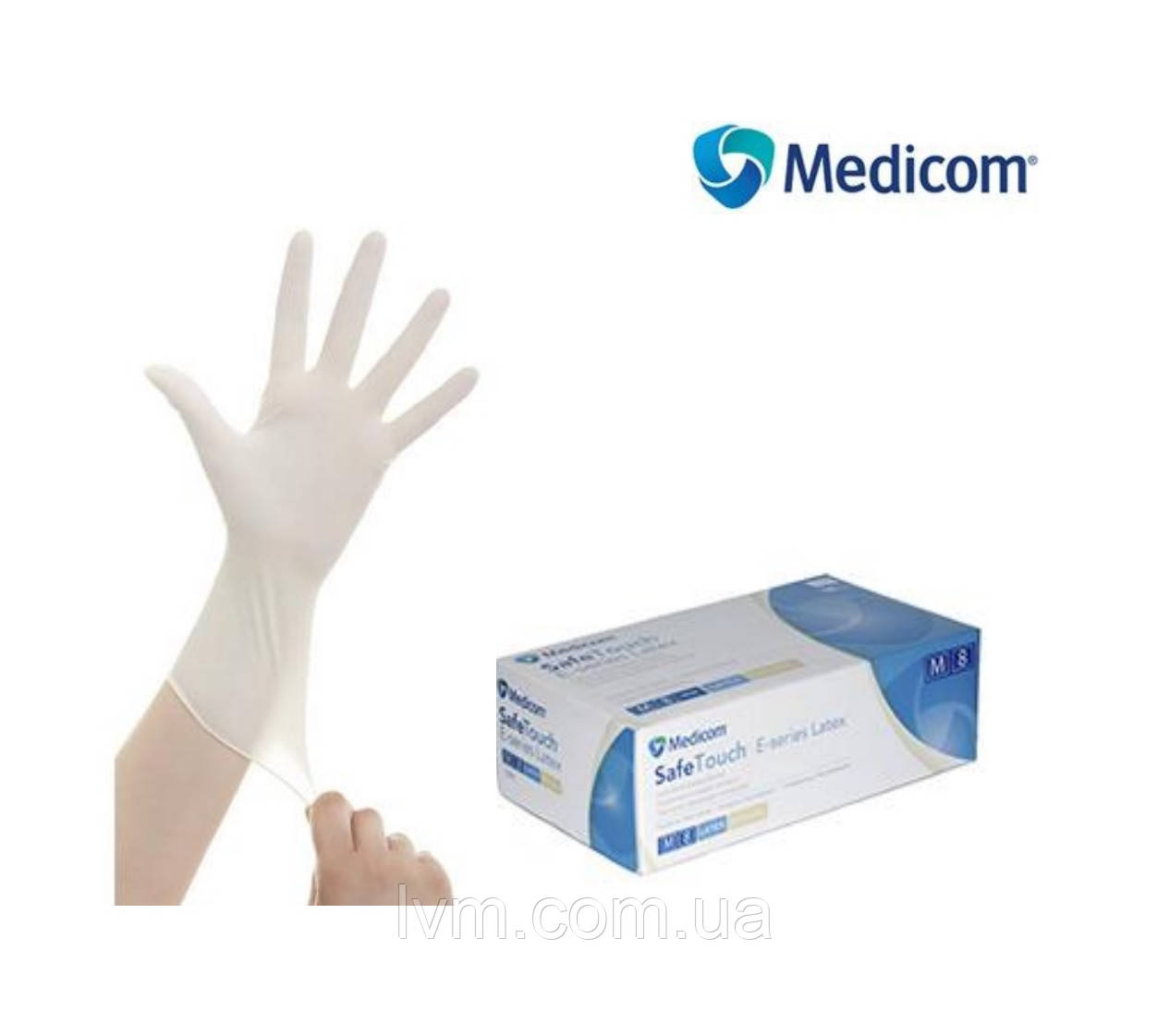 Рукавички латексні SafeTouch® E-Se оглядові нестерильні припудрені МІЦНІ (5,2 грама) "MEDICOM"