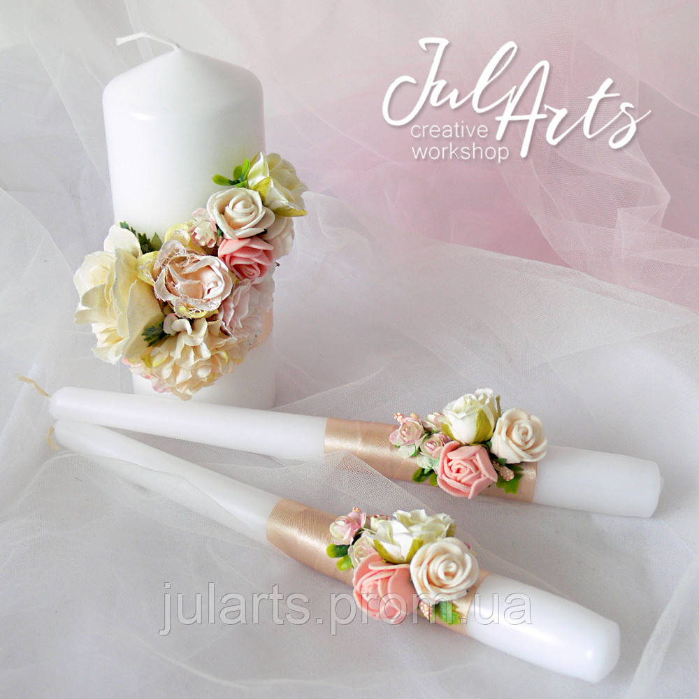 Комплект свадебных свечей в цвете айвори. Семейный очаг с бежевым декором из цветов - фото 1 - id-p1161092377