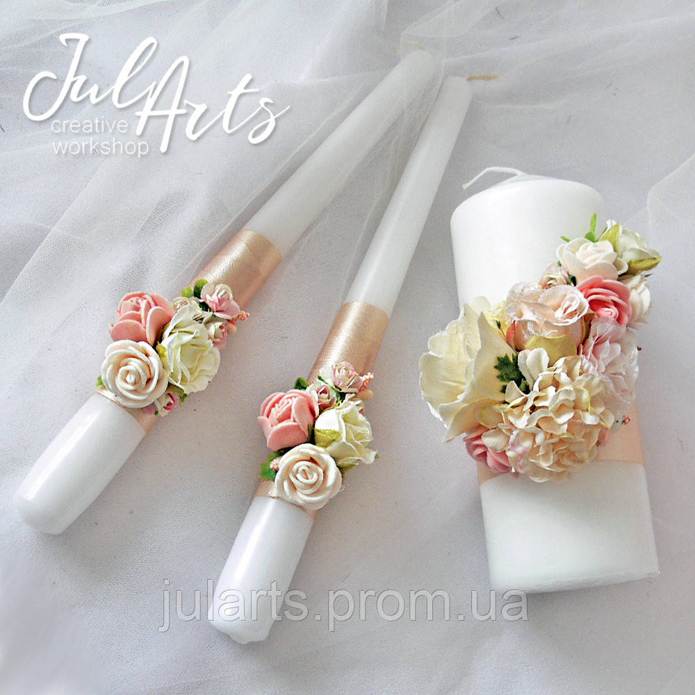 Комплект свадебных свечей в цвете айвори. Семейный очаг с бежевым декором из цветов - фото 3 - id-p1161092377