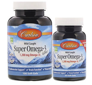 Carlson Labs, виловлено в диких умовах, Супергарми з Омега-3, 1 200 мг, 100 + 30 м'яких таблеток