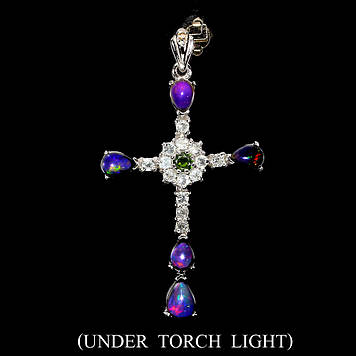 Кулон Хрестик натуральний благородний чорний Опал і Хромдіопсид, Аквамарин, Сапфір. Срібло 925, позолота 14к