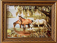 Картина з бурштину Коні біля водопою, картина з бурштину коні біля водойми 30x40 см