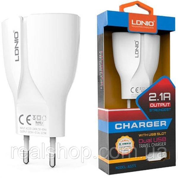 Мережевий зарядний пристрій LDNIO A2271 2USB/2.1A + кабель microUSB білий