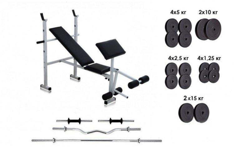 Лава для жиму + Штанга. 4 грифа + 85 кг млинців композитних