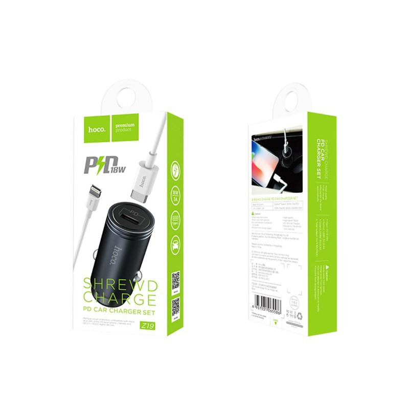 Автомобільний зарядний пристрій HOCO Z19 PD/QC3.0 (1USB) + Type-C-lightning, чорний, фото 1