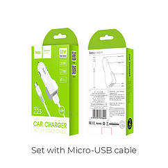 Автомобільний зарядний пристрій HOCO Z23 (2USB/2.4A) + microUSB, білий