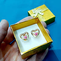 Ніжні жіночі сережки "Сердечки рожеве в золотому" ювелірний сплав та циркони - подарунок дівчині в коробочці