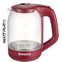 ⭐ Електрочайник (1,7 л) скляний (червоний) Grunhelm EKP-1801GR — LED-підсвітка (чайник електричний)