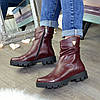 Стильні жіночі черевики з бордовою шкіри, потовщена тракторна підошва, фото 4