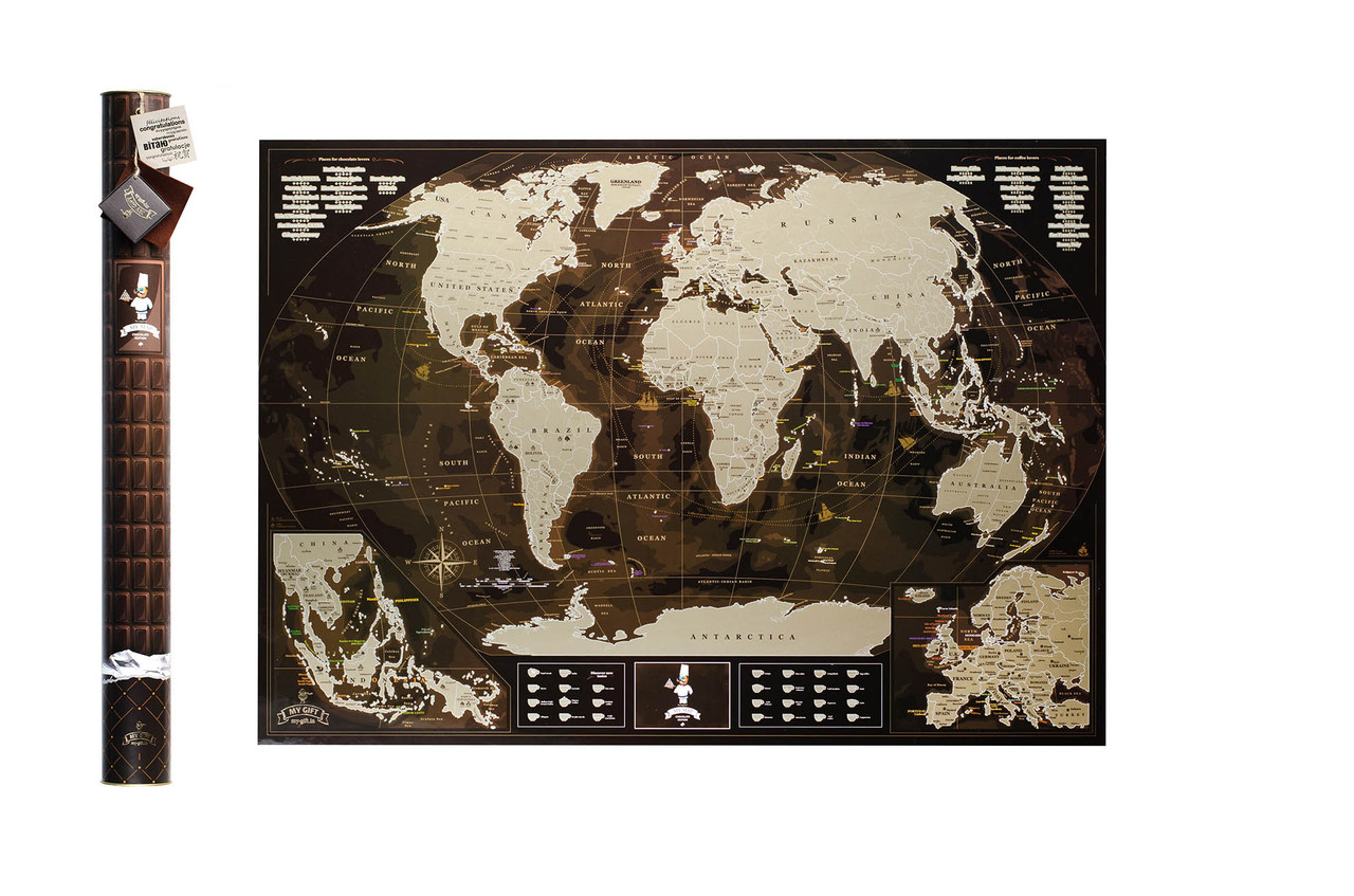 Шоколадна скретч-мапа світу 3-в-1 My Map Chocolate Edition ENG для шанувальників кави та шоколаду, фото 1