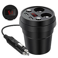 Автозарядний розгалужувач прикурювача, 12/24 V (на 2 виходи + USB), вольтметр