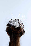 Прикраса для зачіски з кристалами перлами та пір*ям "White" Ручна робота Vikamaster Довжина 140мм Арт.500028