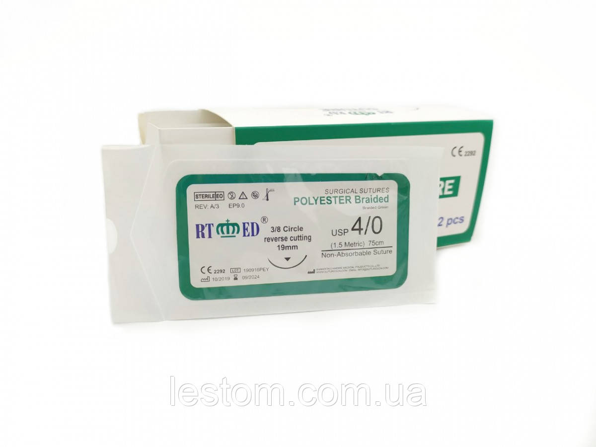 Поліестер RT-med USP 4/0 (EP 1,5) зі звор. ріж. голкою 19мм 3/8 кола