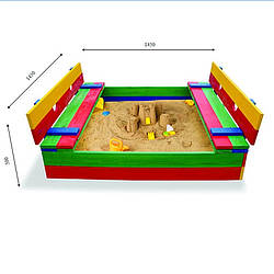 Дитяча дерев'яна кольорова пісочниця з кришкою ТМ Sportbaby, розмір 0,5х1,45х1,45м