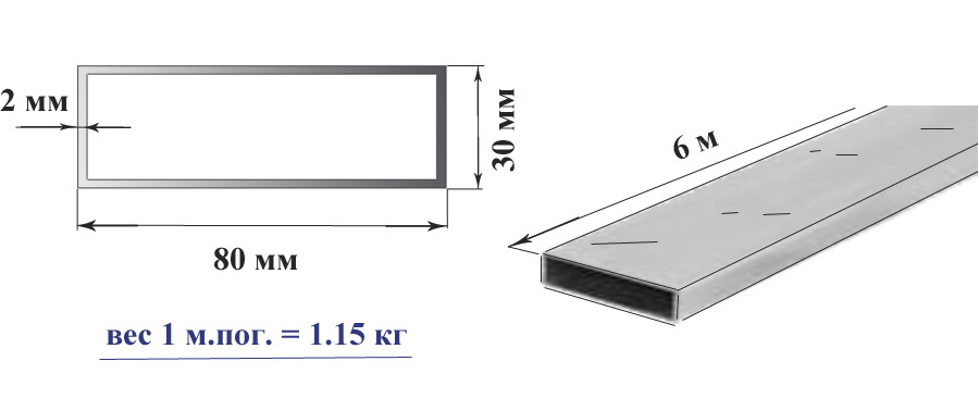 Труба профільна алюмінієва 80х30х2 мм прямокутна 6060 Т6 аналог АД31Т.