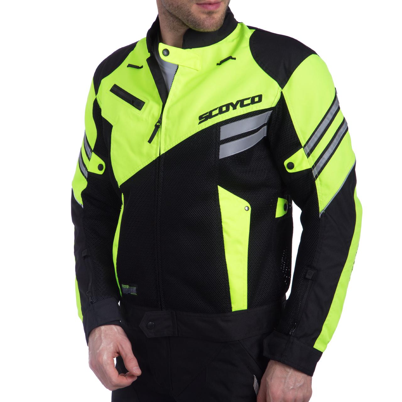 Мотокуртка текстильна із захистом SCOYCO JK36 (PL, PVC, M-XL, чорний-салатовий), фото 1