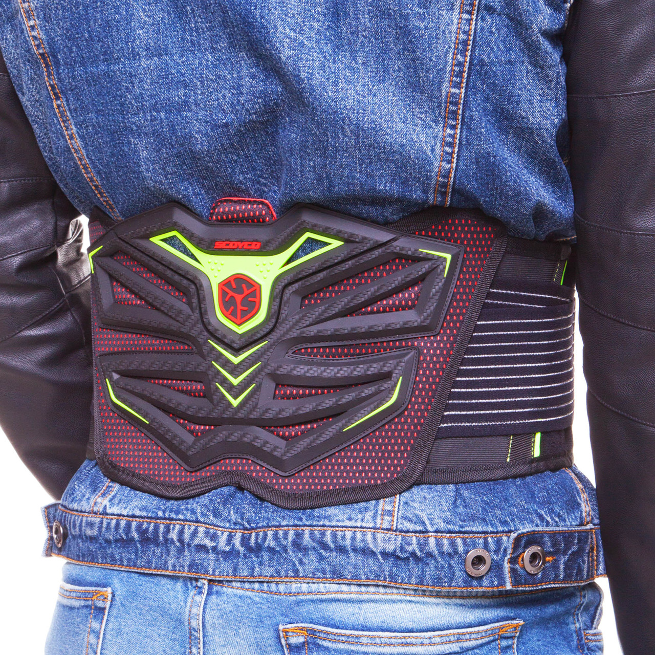 Пояс захисний для мотоцикліста SCOYCO U11 (PU, поліестер, р-р регульований, чорний-салатовий)