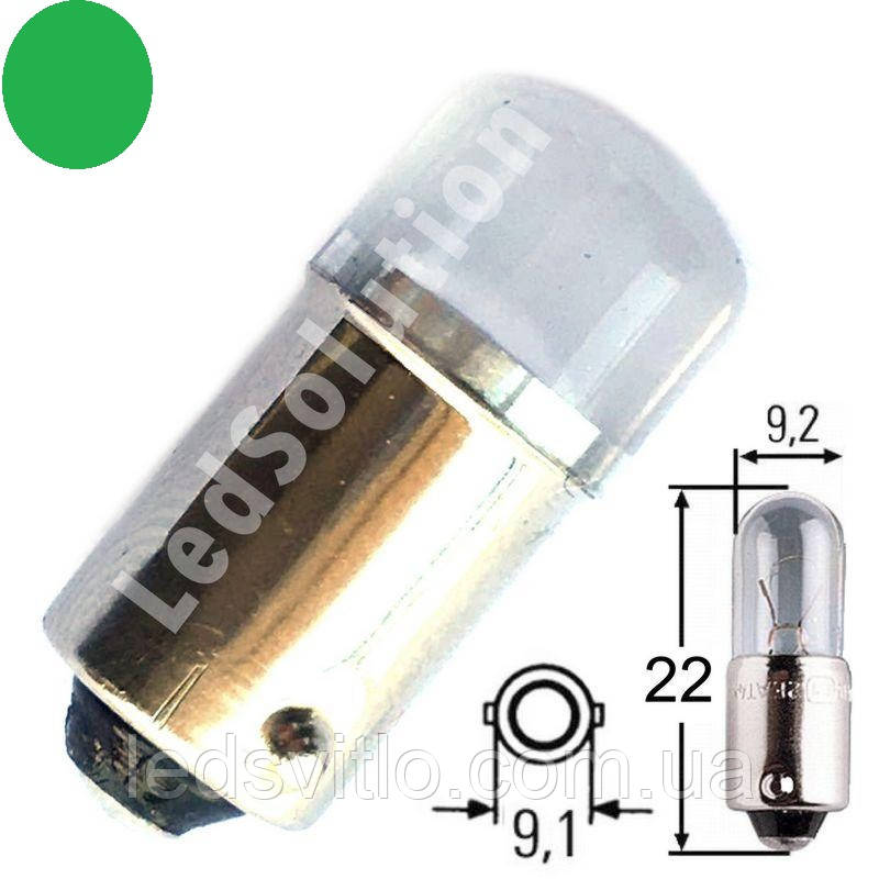 Автомобільна LED лампа BA9S T4w 12V 2smd 2835 світлодіодна, зелений колір світла