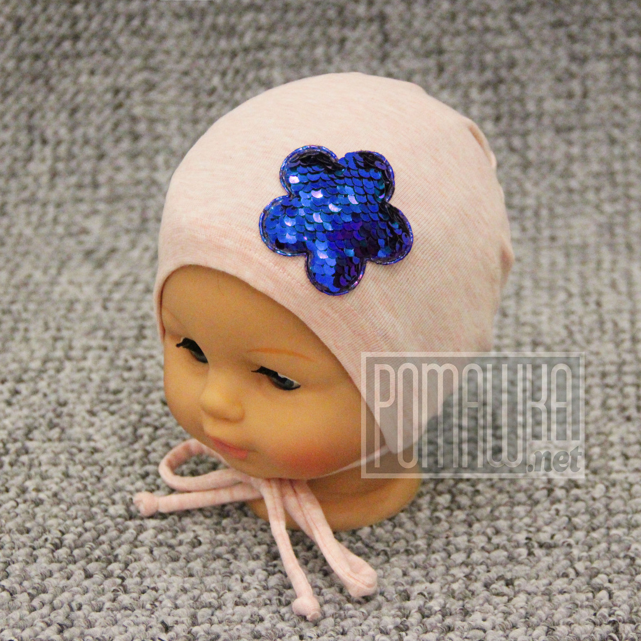 Одношарова р 45-50 1 2 3 4 року трикотажна шапочка для малюків дівчинки на зав'язках осінь весна 4606 Синій 48