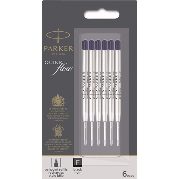Стрижні Parker QuinkFlow кулькові чорні F (0,8 мм) блістер 6 шт. (10 231BK6)