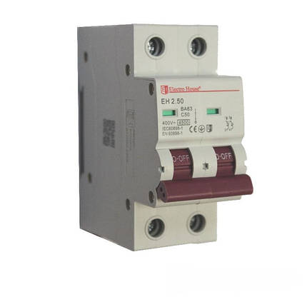 ElectroHouse Автоматичний вимикач 2P 50A 4,5 kA 230-400V IP20, фото 2