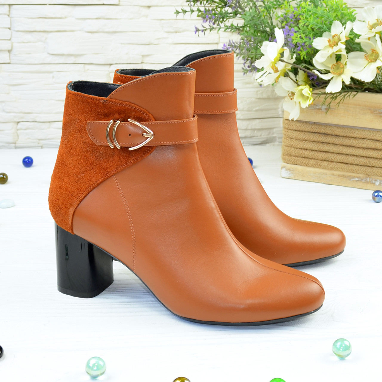 Жіночі руді черевики на невисокому каблуці. Натуральна шкіра і замша, фото 1