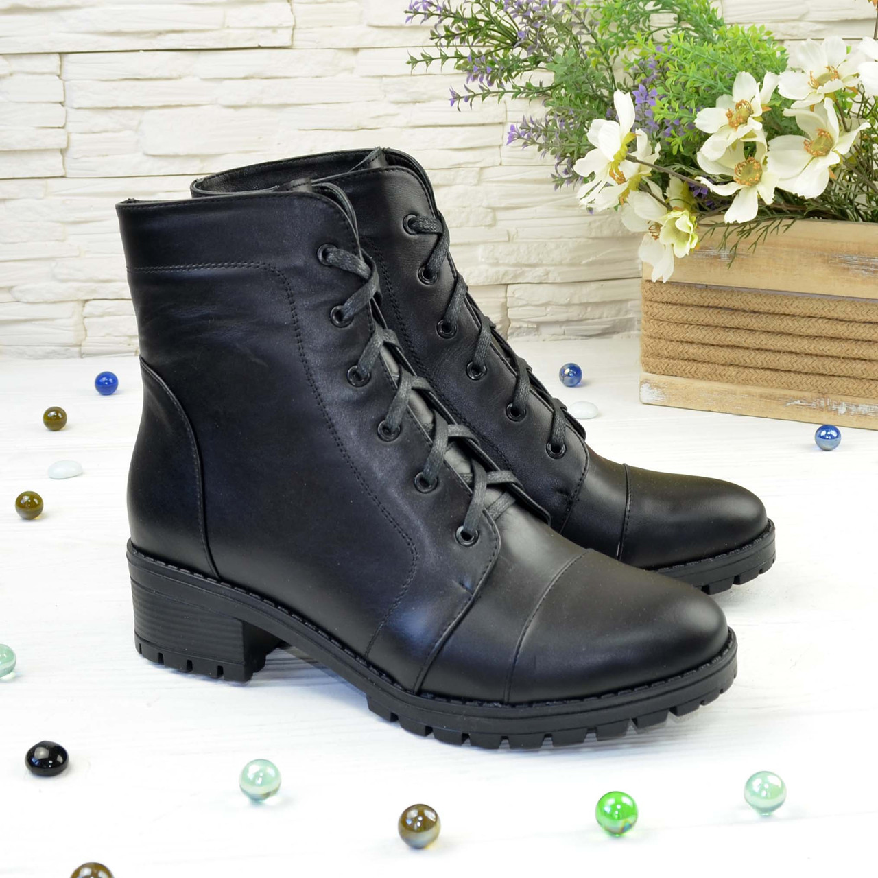 Черевики чорні жіночі шкіряні на стійкому каблуці, фото 1