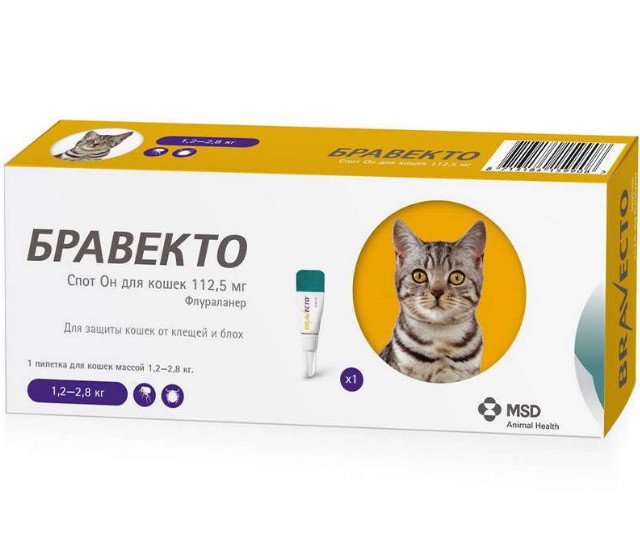 Краплі Bravecto Spot On від бліх та кліщів для кішок 1.2-2.8 кг