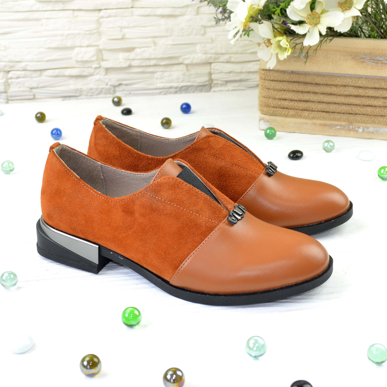 Туфлі руді жіночі на маленькому підборах, натуральна шкіра і замша, фото 1